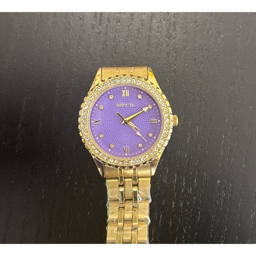 Invicta Gold-Tone Wristwatch Diamond Accent Purple Dial Bracelet in Original Box